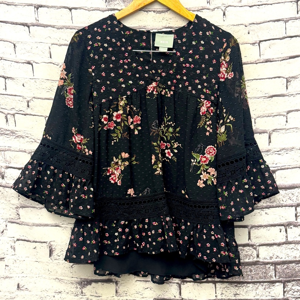 Anthropologie Mauve Steffy Bell-Sleeve Blouse in Black Size Small - Picture 2 of 10